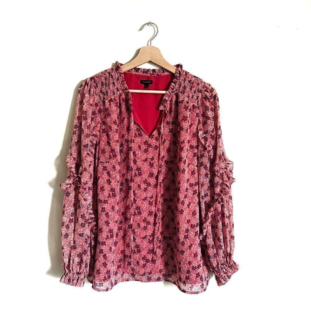 Talbots Women Blouse Long Sleeve‎ Size L Floral Pink Chiffon Ruffle V Neck
